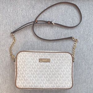 Michael Kors Cream and Brown MK Logo Crossbody Bag